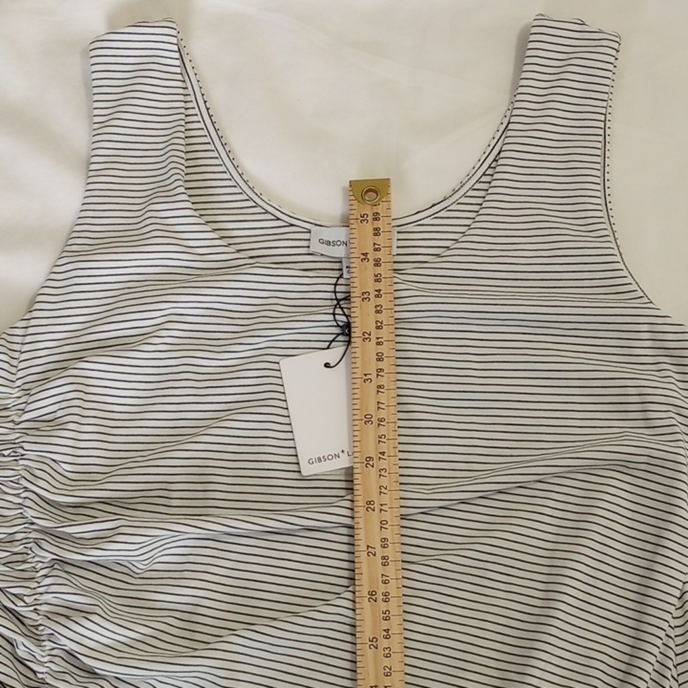 Gibson Latimer Womens Midi Dress Sz L Black & White Striped Scoop Neck Ruched - Picture 9 of 10